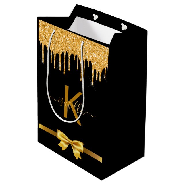 Svart glittermonogram tack presentpåse (Baksidan Vinklad)