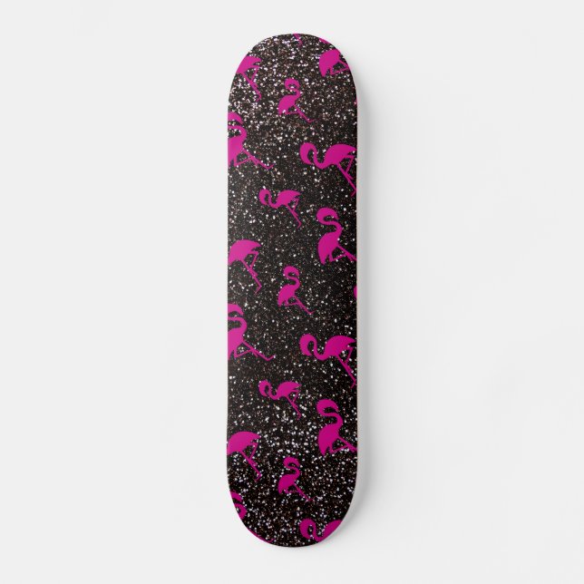 Svart glitterrosaflamingo old school skateboard bräda 18 cm (Framsida)