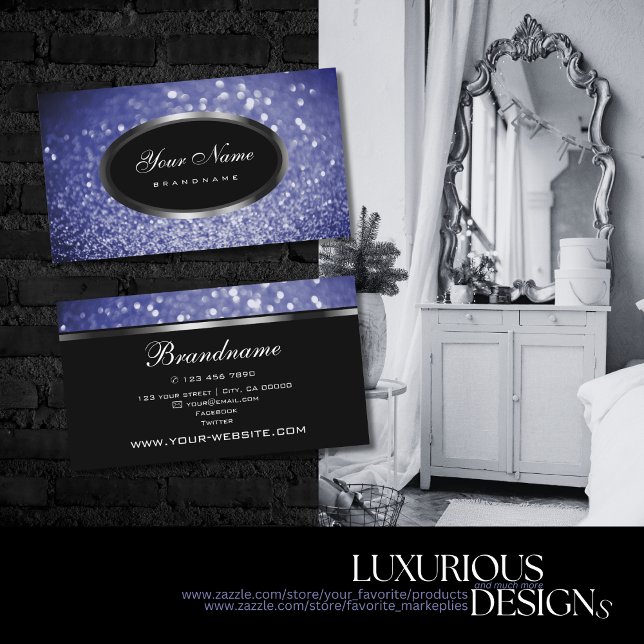 Svart Gnistra Blå Glitter och Silver Oval Form Visitkort (Skapare uppladdad)