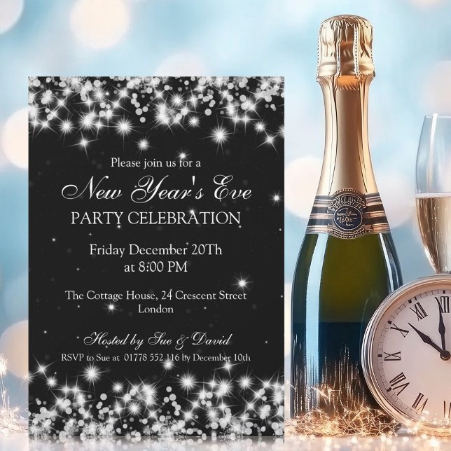 Svart Gnistra för Nyårsafton av elegant Inbjudningar (Elegant New Years Eve Winter Sparkle Black Invitation)