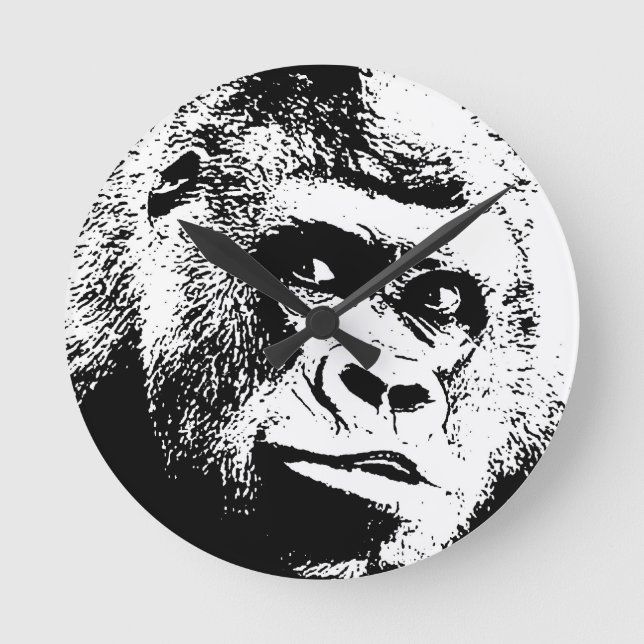 Svart gorilla för vitpopkonst rund klocka (Framsida)