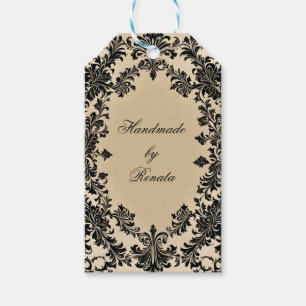 Svart Goth Damask på Pergament Presentetikett