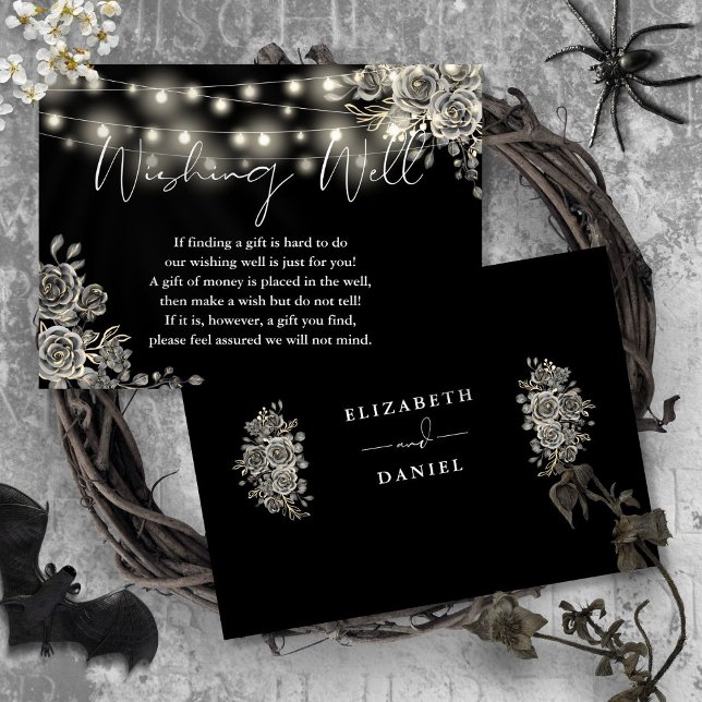 Svart gotik Ro Ljus Wishing Wishing Wwell Bröllop Tilläggskort (Black Gothic Rose Lights Wishing Well Wedding Enclosure Card)