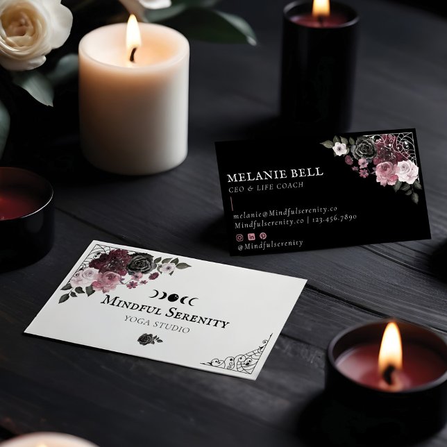 Svart gotisk akvarellblomma Holistiskt välbefinnan Visitkort (Black Gothic Watercolor Floral Holistic Wellness Business Card)