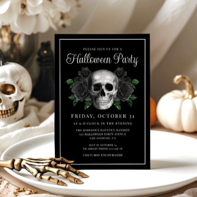 Svart gotisk blomster skalle Halloween inbjudan (Black Gothic Floral Skull Halloween Invitation)