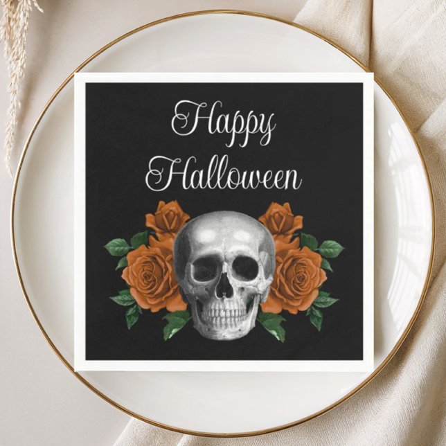 Svart gotisk blomster skalle Halloween Pappersservett (Black Gothic Floral Skull Halloween Napkins)