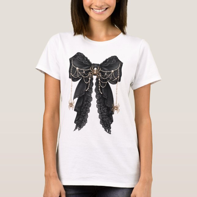 Svart gotisk spetsbåge med spindlar Coquette T Shirt (Framsida)