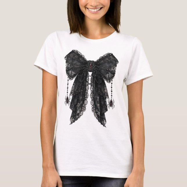 Svart gotisk spetsbåge med spindlar Coquette T Shirt (Framsida)