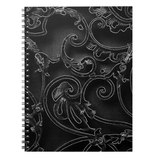 Svart gotsk baroque swirl mönster anteckningsbok med spiral (Framsidan)
