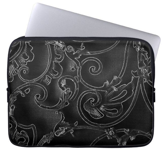 Svart gotsk baroque swirl mönster laptop fodral (Framsidan)