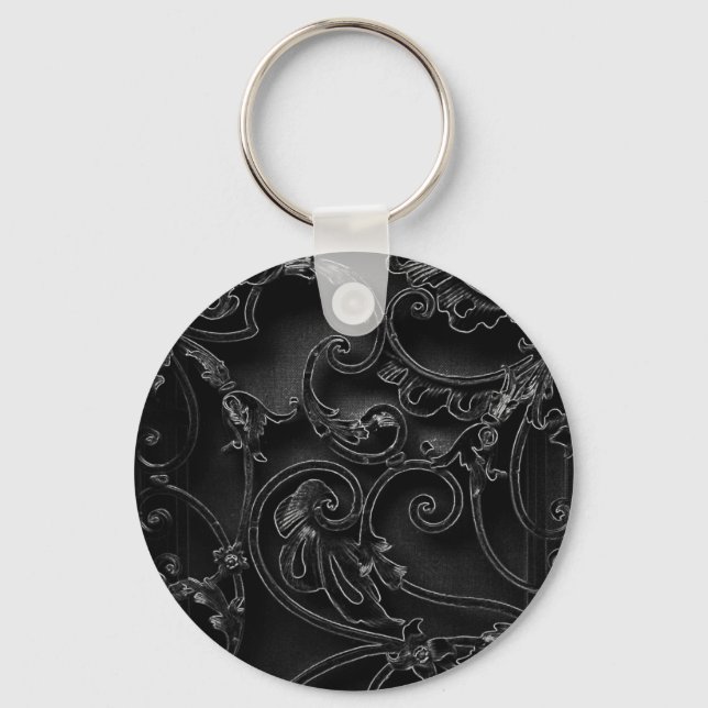 Svart gotsk baroque swirl mönster nyckelring (Framsida)