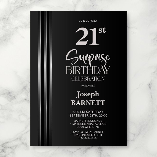 Svart Grå 21-års Överraskningsfödelsedag med Silve Inbjudningar (Skapare uppladdad)