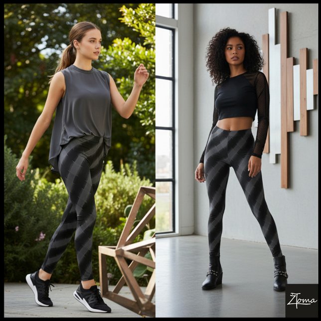 Svart grå diagonal glitch-rand i monokrom leggings (Skapare uppladdad)