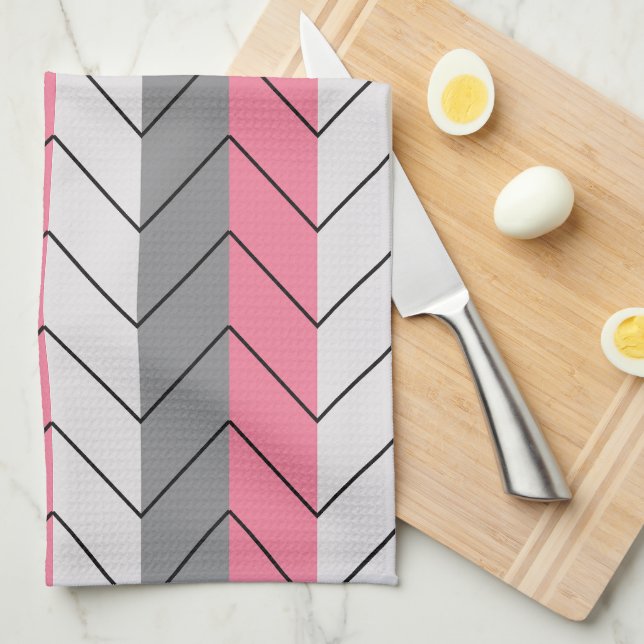 Svart Grå Rosa Chevron Ränder Mönster  Kökshandduk (Vikt i Fjärdedel)