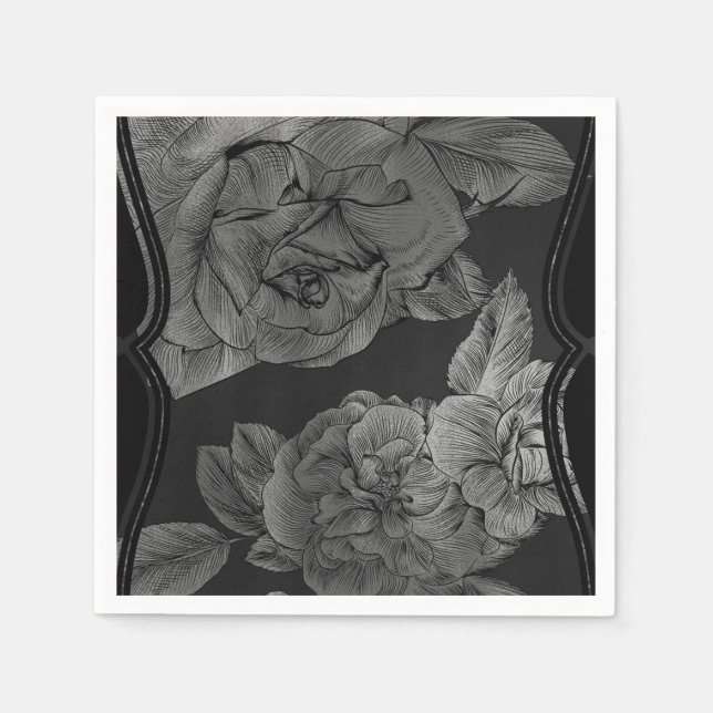 Svart Grå Silver Vintage Elegant Glamour Blommig Pappersservett (Framsidan)