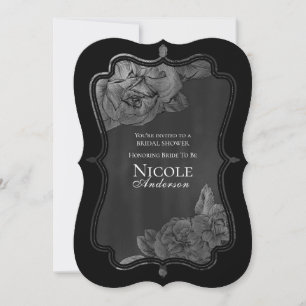 Svart Grå Silver Vintage Glamour Blommig Bröllop Inbjudningar