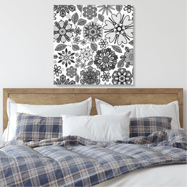 Svart Grå Vit Retro Blommig Konst Sömlöst Mönster Canvastryck (Insitu (sovrum))