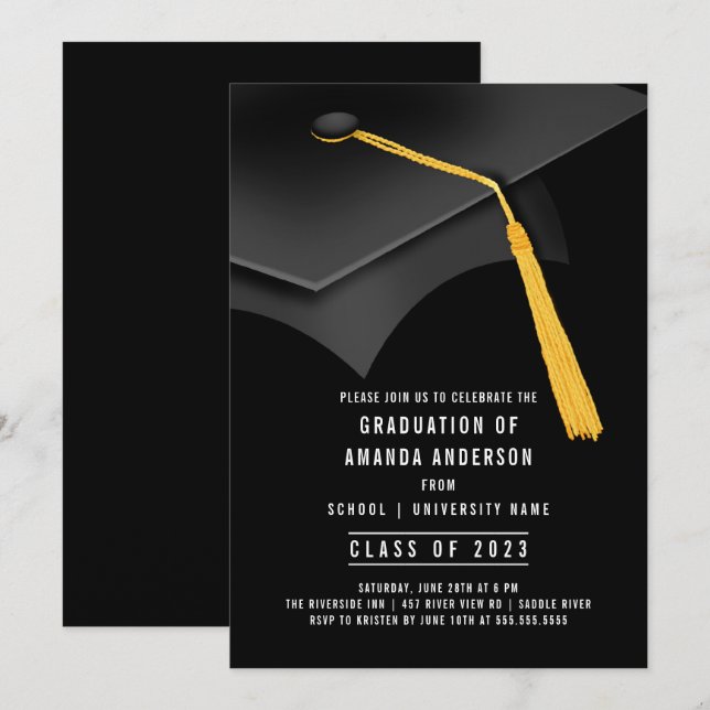 Svart Grad Cap Black-Studentfest-inbjudan Inbjudningar (Fram/baksida)