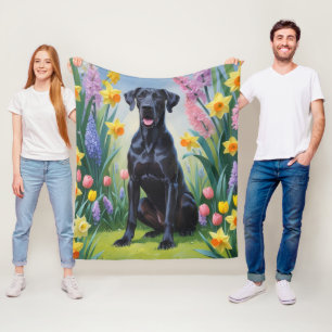 Svart Grand Danois Hund Vårblommor Målning Fleecefilt