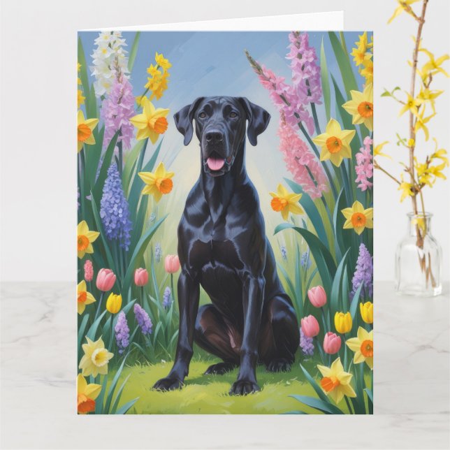 Svart Grand Danois Hund Vårblommor Målning Kort (Gul blomma)