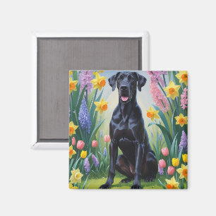 Svart Grand Danois Hund Vårblommor Målning Magnet