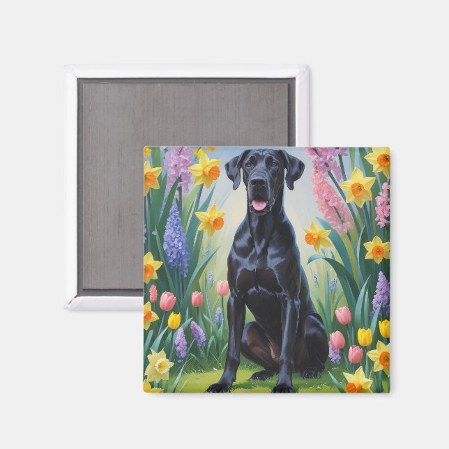 Svart Grand Danois Hund Vårblommor Målning Magnet (Front/Back)