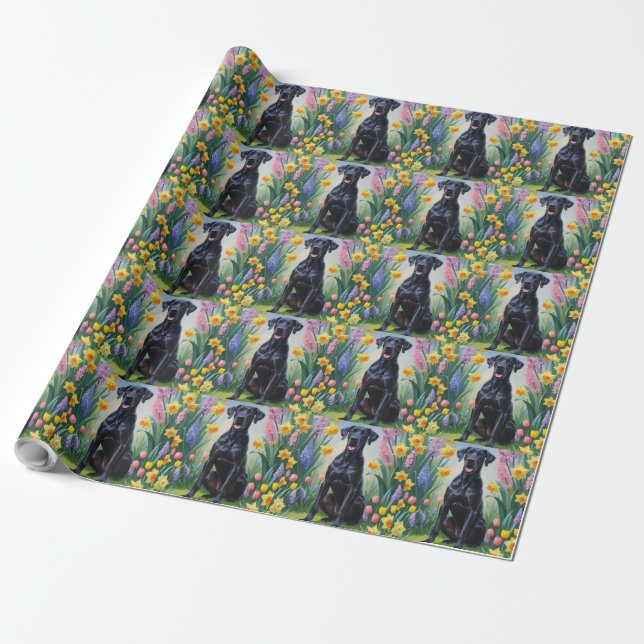 Svart Grand Danois Hund Vårblommor Målning Presentpapper (Utrullad)