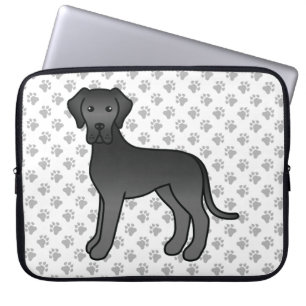 Svart Grand Danois Söt Tecknad Hund & Tassar Laptop Fodral