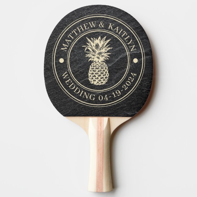 Svart Granit Sten Ananas Bröllopsnamn Pingisracket (Baksidan)