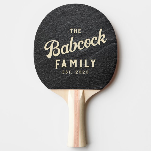 Svart Granit Sten Retro Familjenamn & År Pingisracket (Framsidan)
