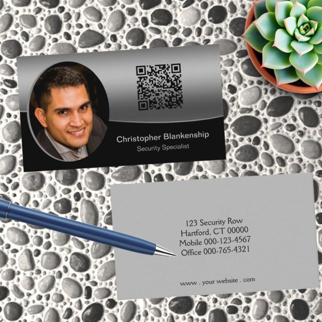Svart & Grått Anpassningsbar Foto QR-kodProfession Visitkort (Custom photo business card template front and back)