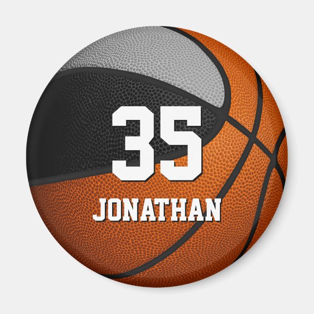 Svart grått basketballagar, ungar namn magnet (Framsidan)