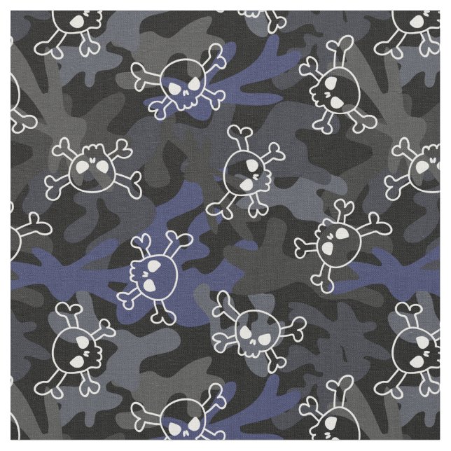 Svart Grått Blue Camo Mönster Döskallar Tyg (Närbild)