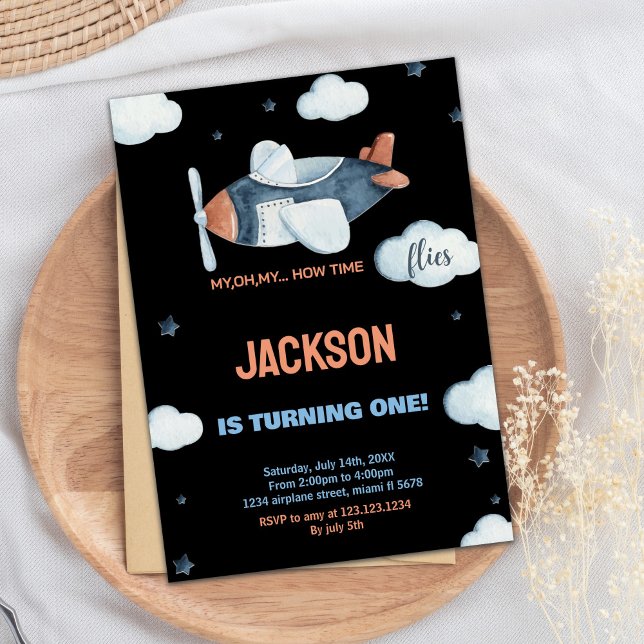 Svart Grått Brown-inbjudan på födelsedagen Inbjudningar (Black Gray Brown Airplane Birthday Invitations)
