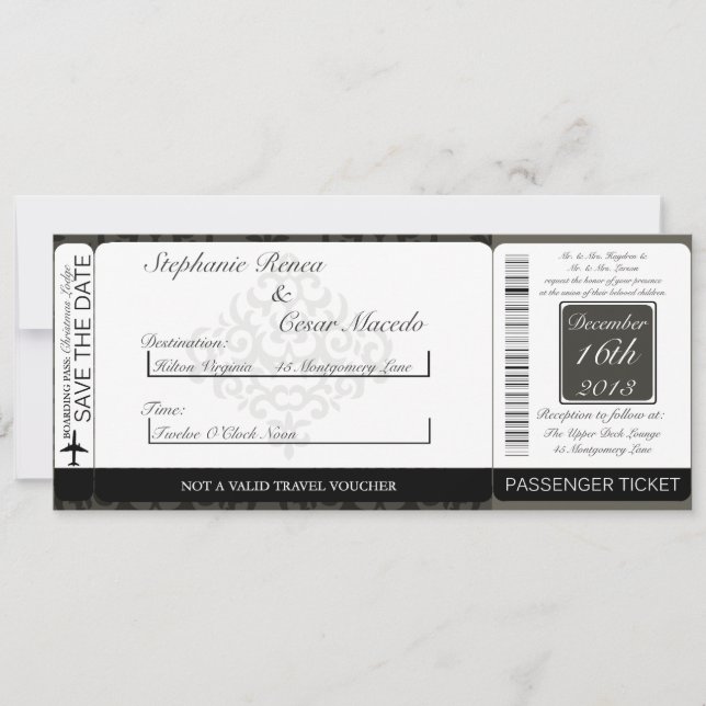 Svart/Grått Damask Boarding Pass Bröllopsinbjudnin Inbjudningar (Framsida)