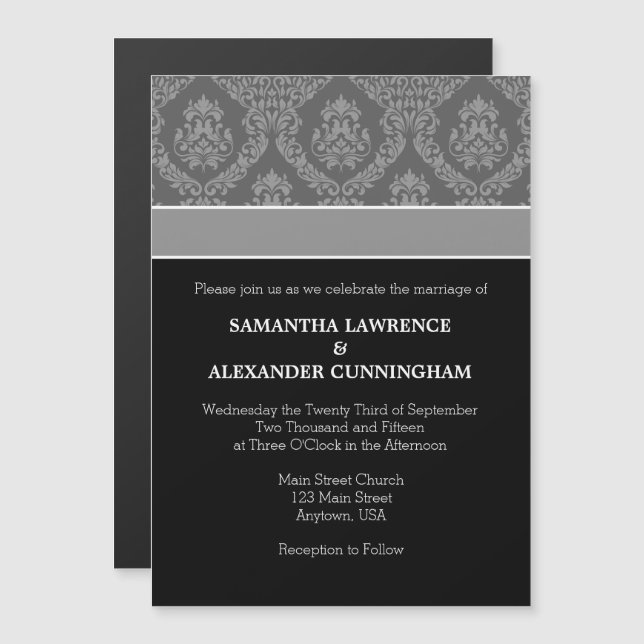 Svart Grått Damask Magnetic Wedding-inbjudan Magnetisk Inbjudningskort (Fram/baksida)