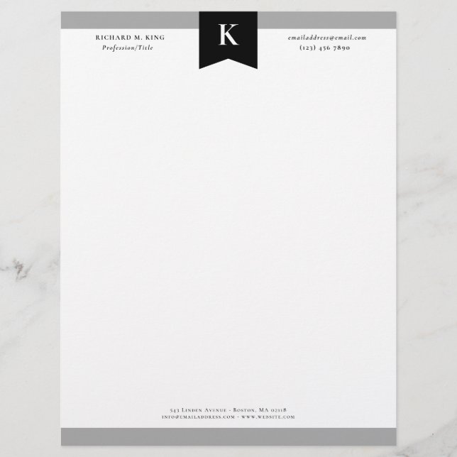Svart Grått-Elegant, fet Monogram kontaktinformati Brevhuvud (Framsida)
