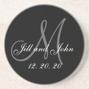 Svart grått elegantt Monogrambröllop Underlägg