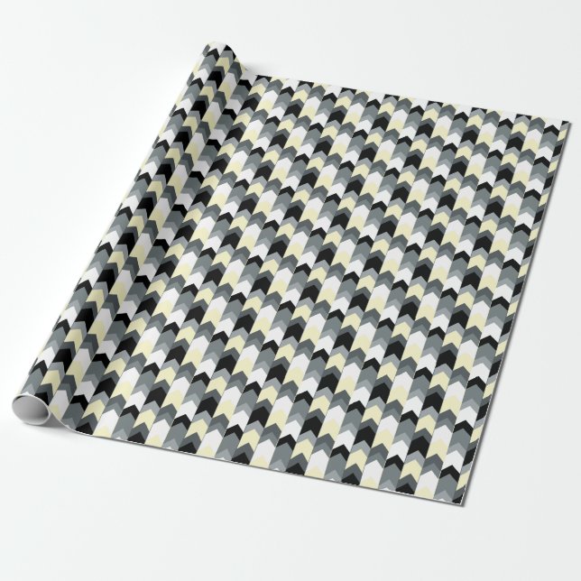 Svart, grått, gult-chevron presentpapper (Utrullad)