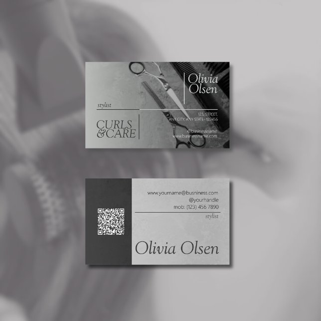 Svart Grått Hair Stylist, Salon & Barber Visitkort (Front and back side)