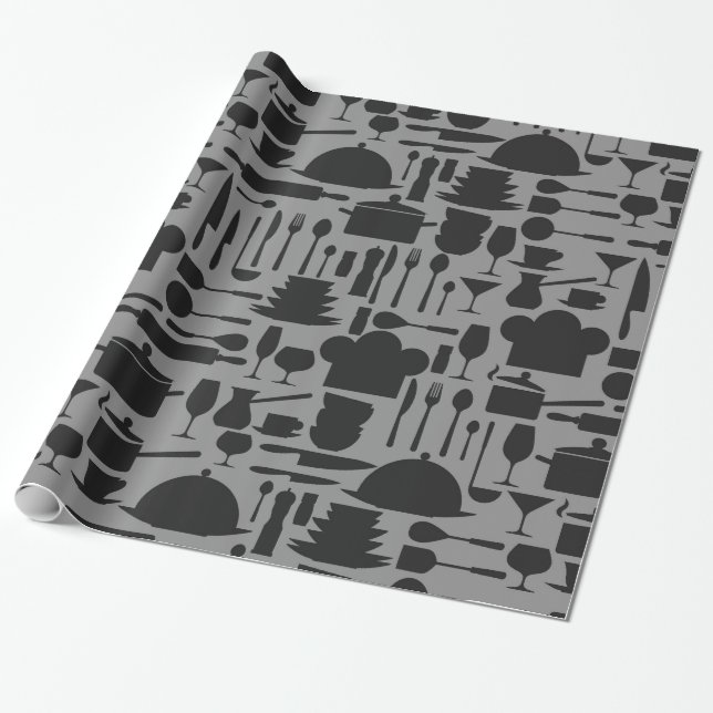 Svart & grått kökgrejtryck presentpapper (Utrullad)