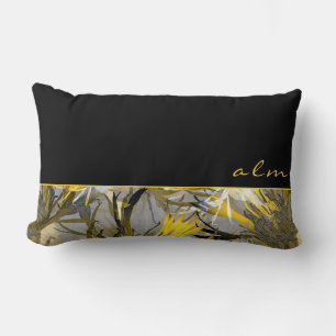 Svart Grått och Gult Artistisk Blommigt Monogram Lumbarkudde
