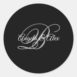 Svart Grått och Vitt Fancy Script Monogram Runt Klistermärke