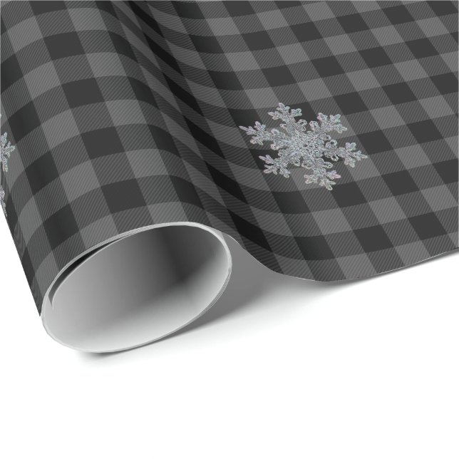 Svart, grått Tartan plaid - snö flake Presentpapper (Rullad Hörn)