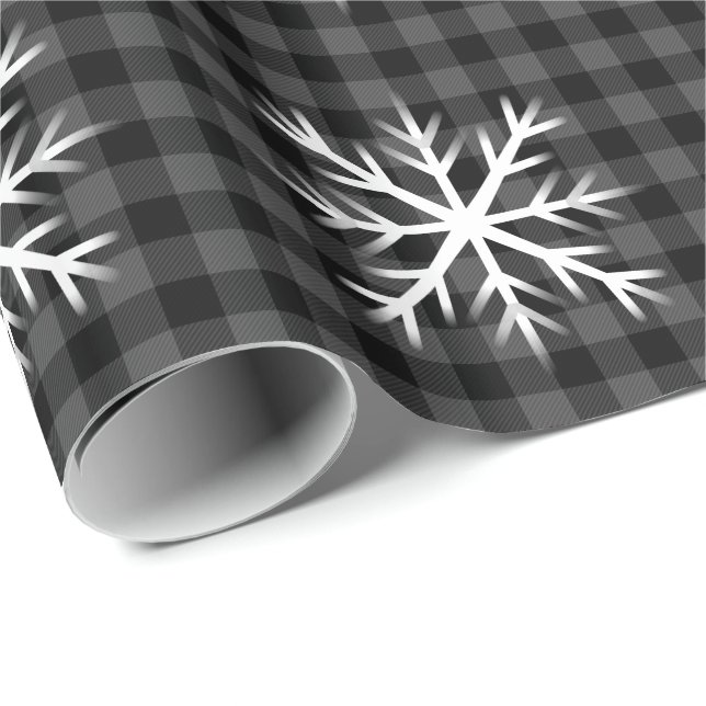 Svart, grått Tartan plaid - snö flake Presentpapper (Rullad Hörn)