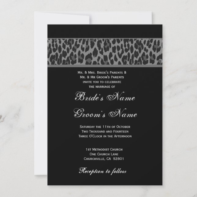 Svart Grått White Leopard Wedding bjudande Inbjudningar (Framsida)