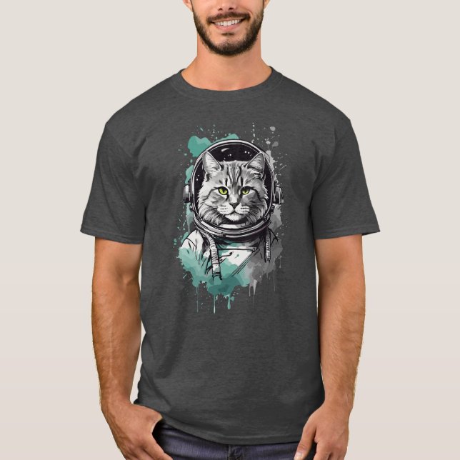 Svart Grön Astronaut Katt Design T Shirt (Framsida)