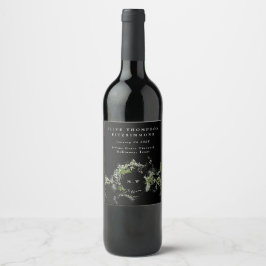 Svart Grön Eucalyptus Monogram Krans Bröllop  Vinflaska Etikett