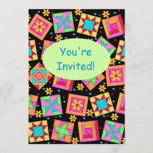 Svart Grön Färgrik Lappteknik Quilt Block Konst Inbjudningar