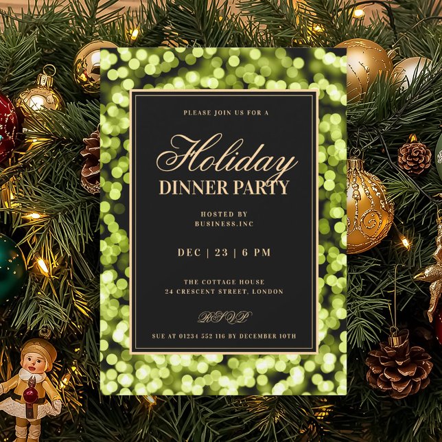 Svart & Grön Glam Ljus Jul Dinnerfest Inbjudningar (Black & Green Glam Lights Holiday Dinner Party Invitation)